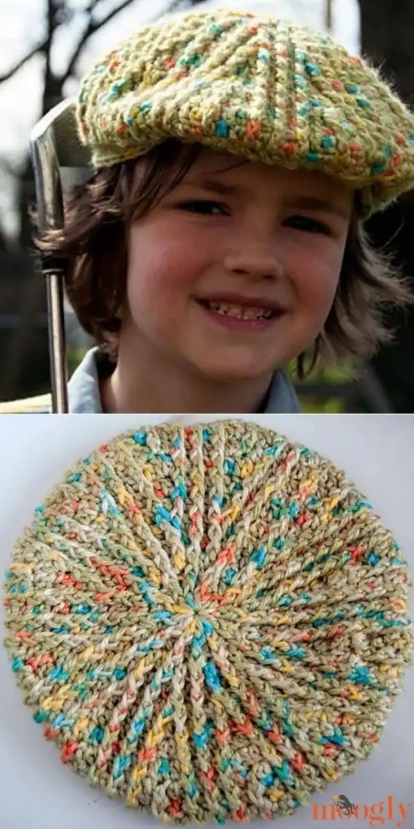 A colorful variegated yarn crochet beanie, showing its vibrant self-striping effect.