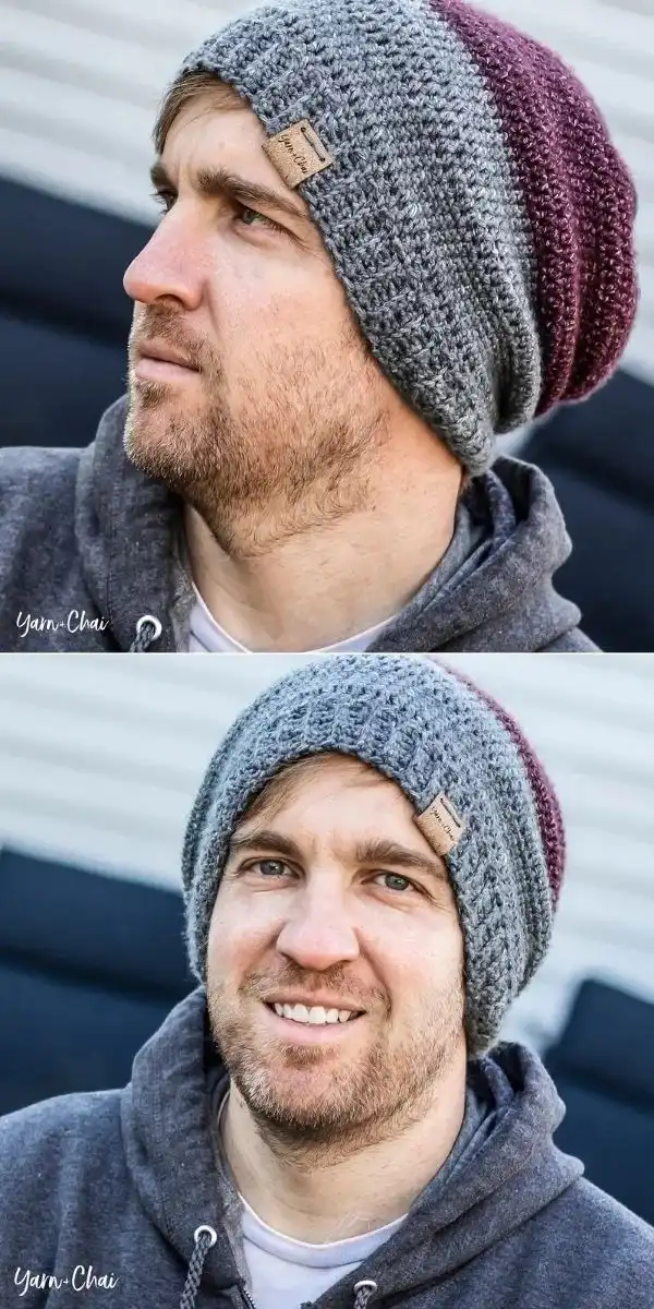 A brown textured fisherman's crochet cap on a wooden surface, showing its dense stitch work.