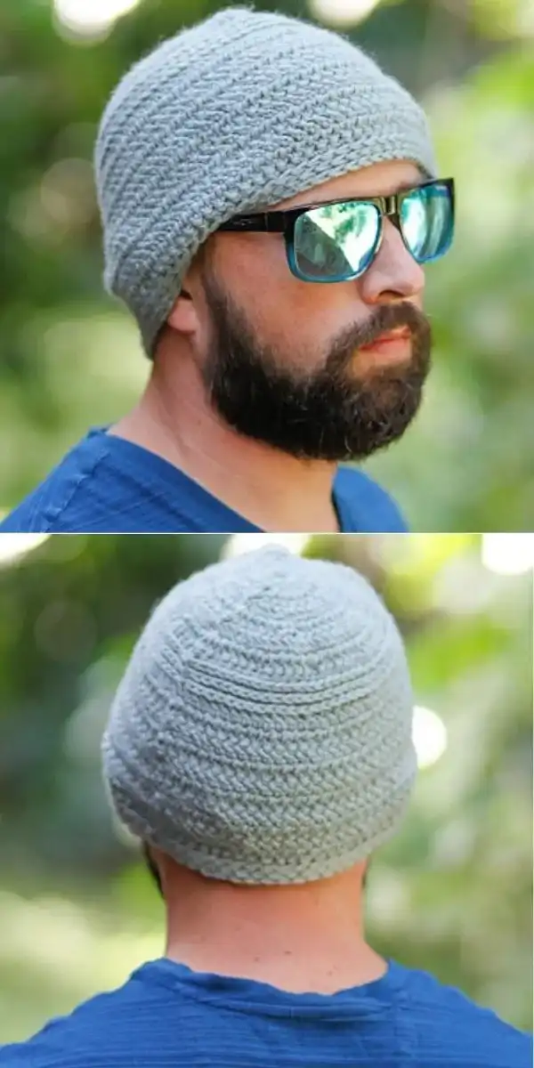A relaxed blue slouchy crochet beanie, draped casually to show its comfortable fit.