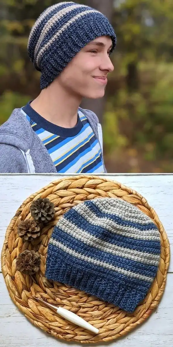 A striped watchman crochet hat in navy and white, demonstrating bold color blocking.