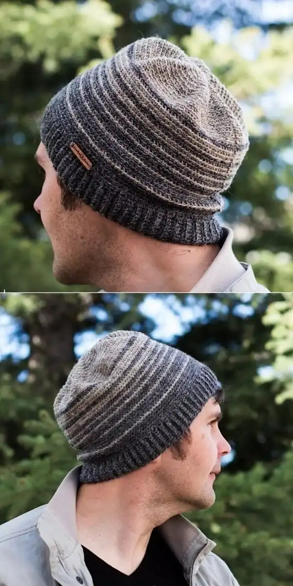 A burgundy alpine stitch crochet beanie, with the distinctive peak-like texture visible.