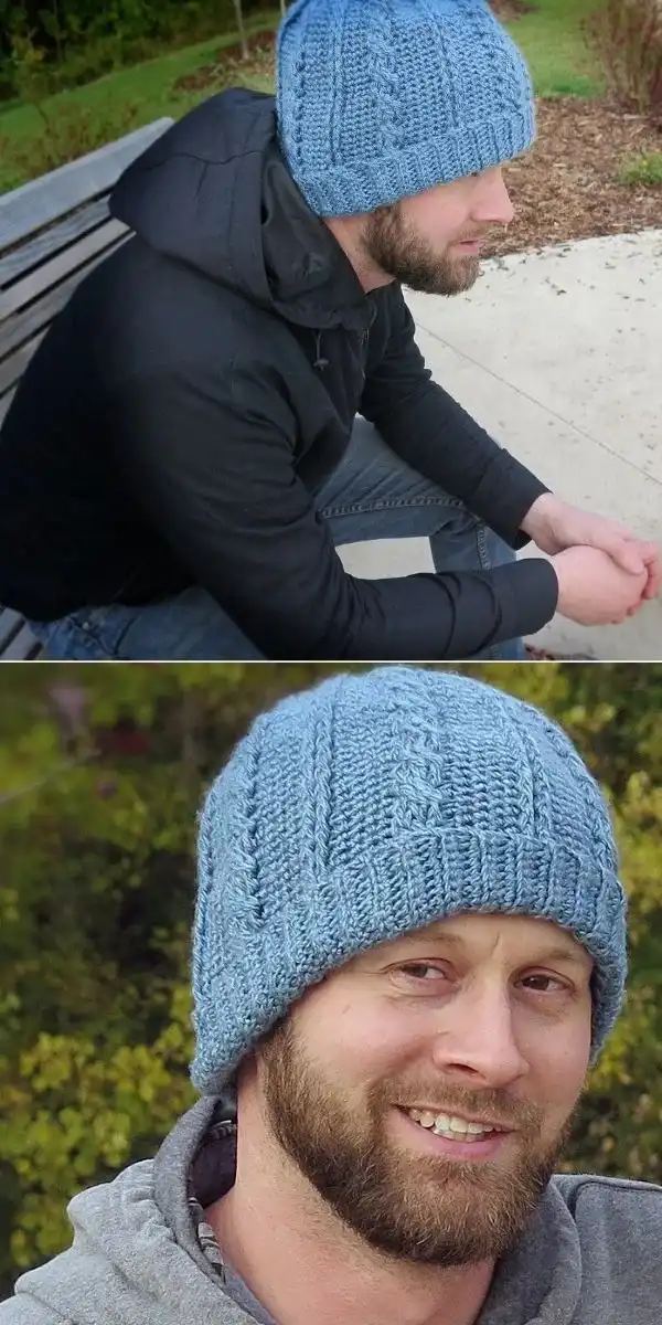 A dark grey urban hipster crochet beanie, showing its slightly elongated, modern fit.