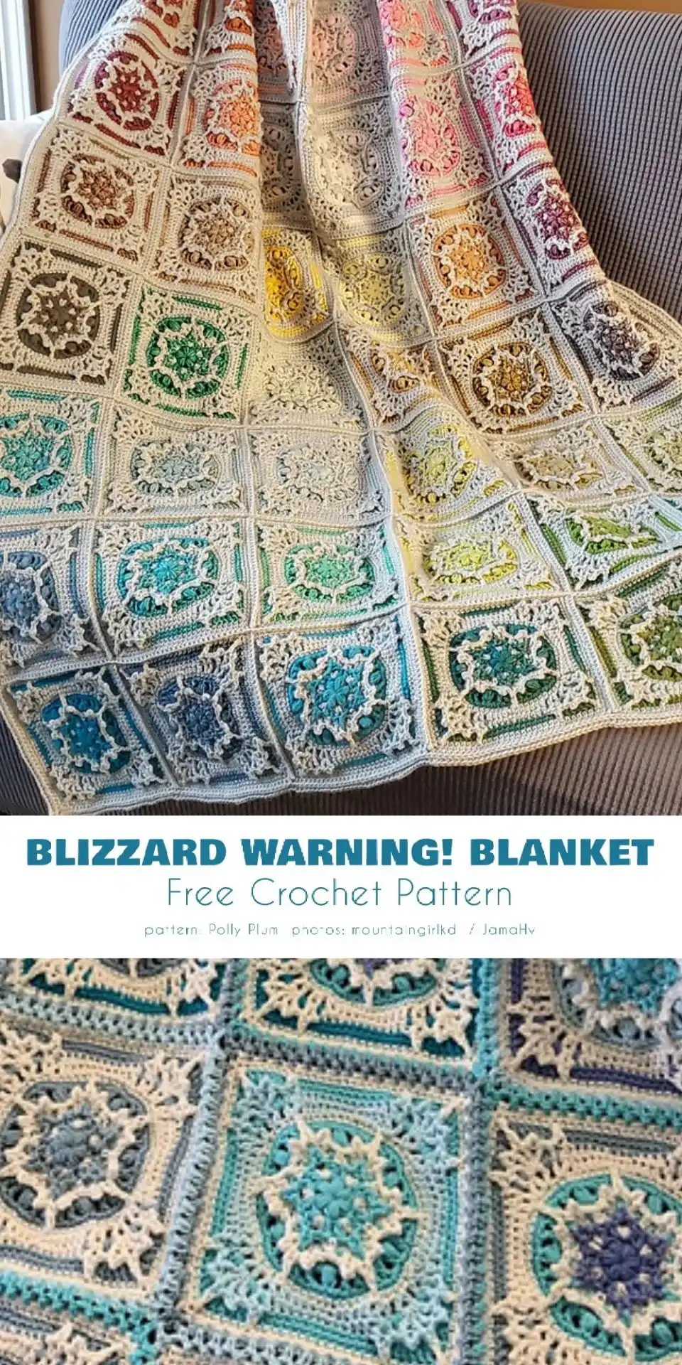 Crochet blanket displaying diverse winter colors, such as icy blues, forest greens, and warm berry tones, with intricate texture