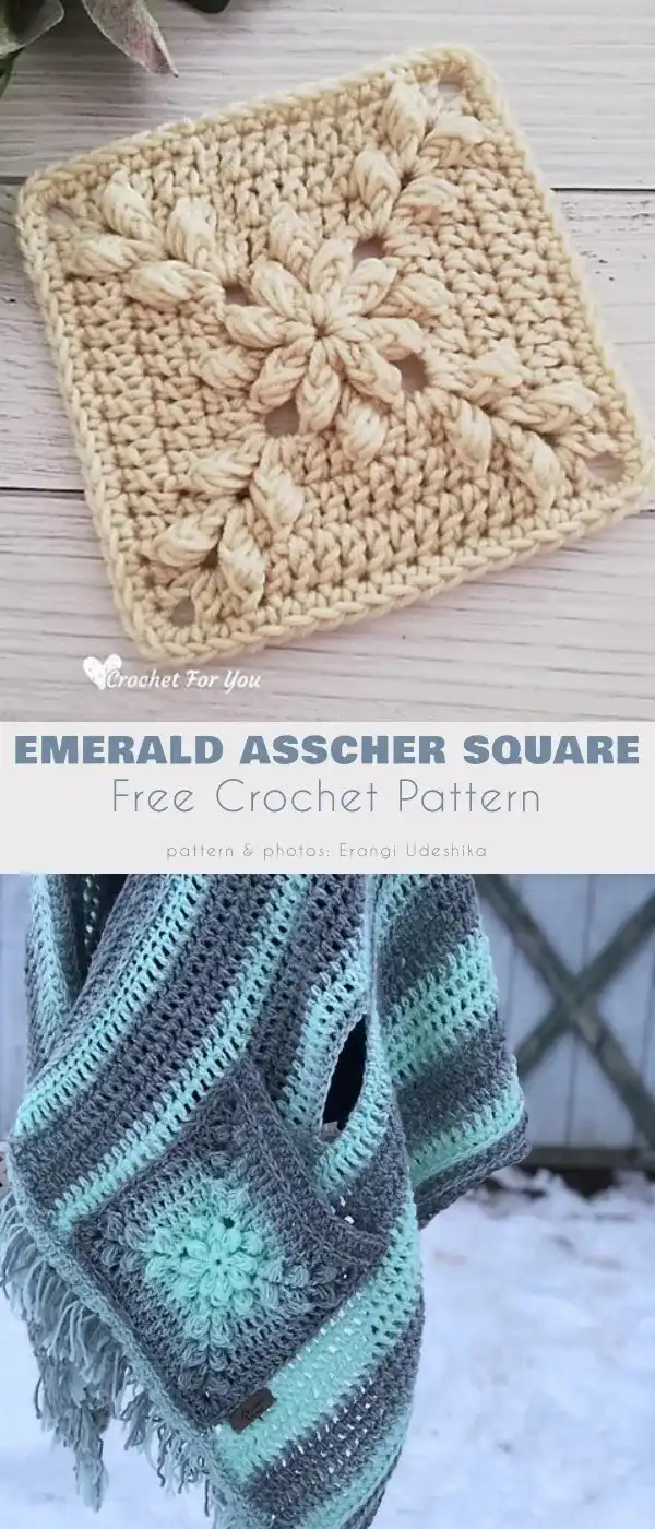 Close-up of the Emerald Asscher Afghan Square in a bright green yarn, highlighting its geometric texture.