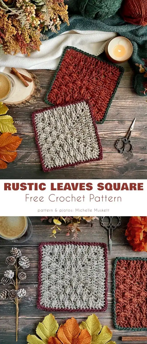 Rustling Leaves Blanket Square in autumnal colors, featuring prominent leaf motifs and textured stitches.