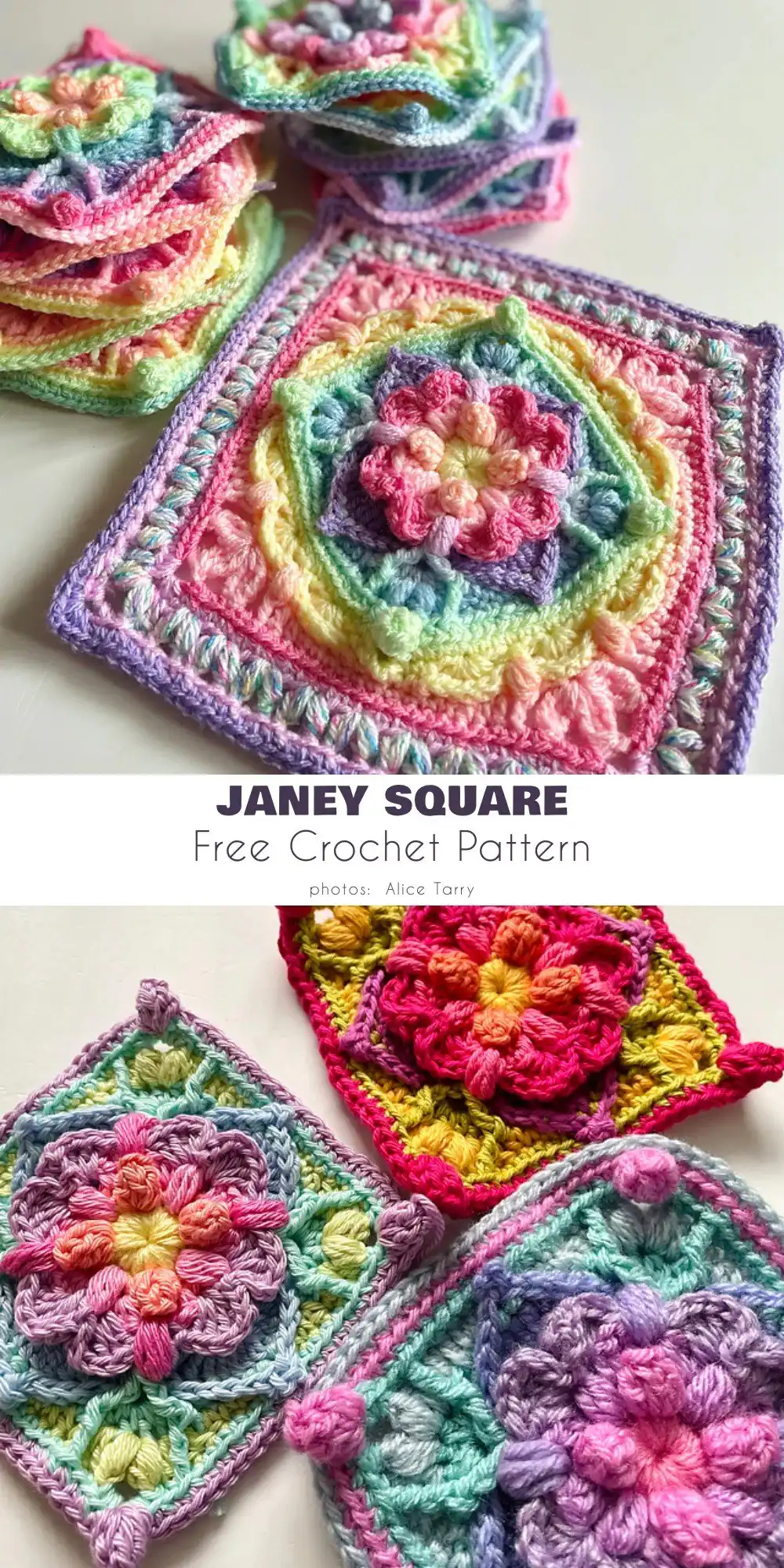 Close-up of the Janey Square Pattern, featuring a pronounced 3D rosette in the center with delicate surrounding stitches.