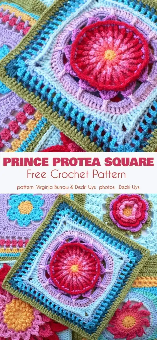 The Prince Protea Square, a mandala-inspired design with a vibrant starburst of color against an ornate background.