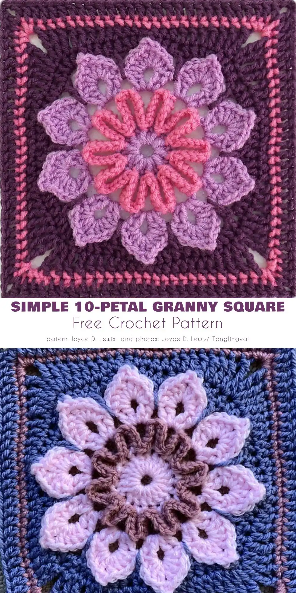 Simple 10-Petal Granny Square, showcasing its subtle floral motif which changes character dramatically with color.