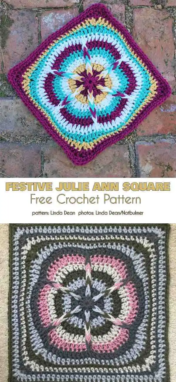 Festive Julie Ann Square, a 12-inch design featuring long post loops and a charming flower motif in vibrant colors.