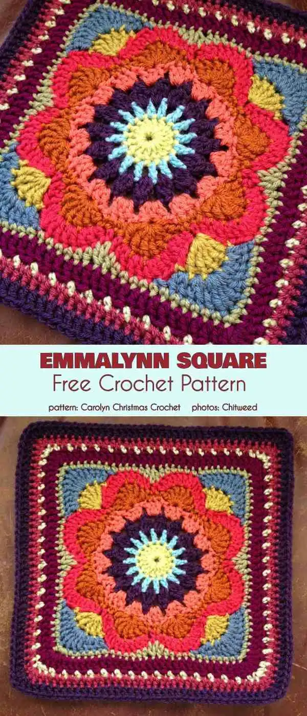 Emmalynn Square 12-inch, a detailed flower-themed design perfect for afghans and versatile in color choices.