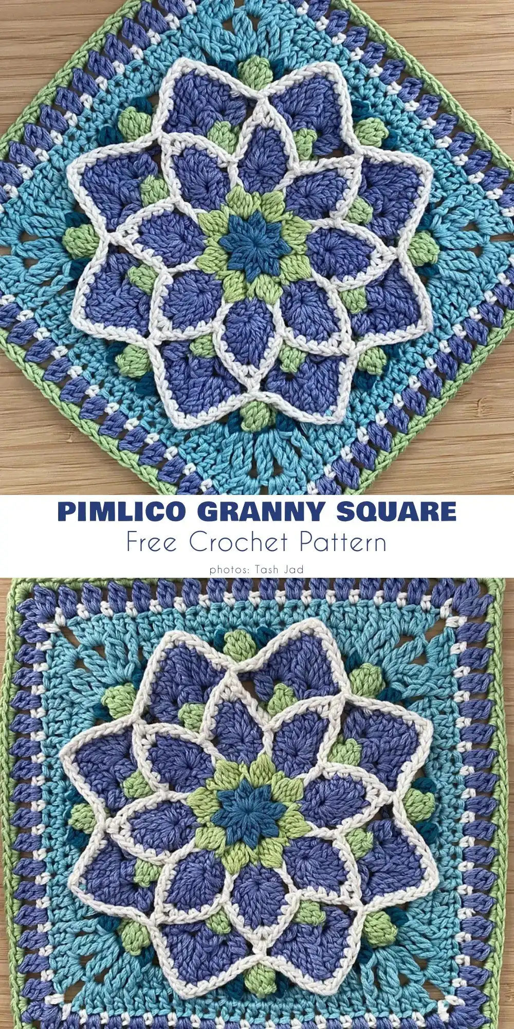 The Pimlico Granny square, displaying a subtle floral or geometric pattern in a soft yarn color, ideal for afghans.