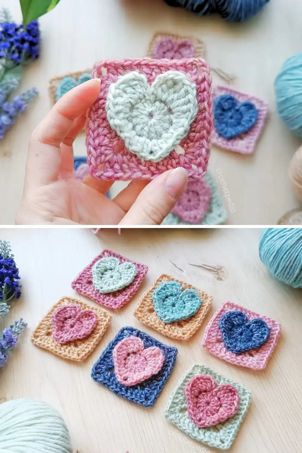 A colorful crochet granny square featuring a distinct, raised 3D heart motif in the center, adding texture and charm.
