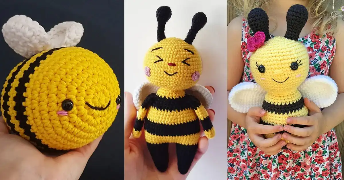 A collection of various adorable Amigurumi Bee Free Crochet Patterns displayed together, showcasing different sizes=