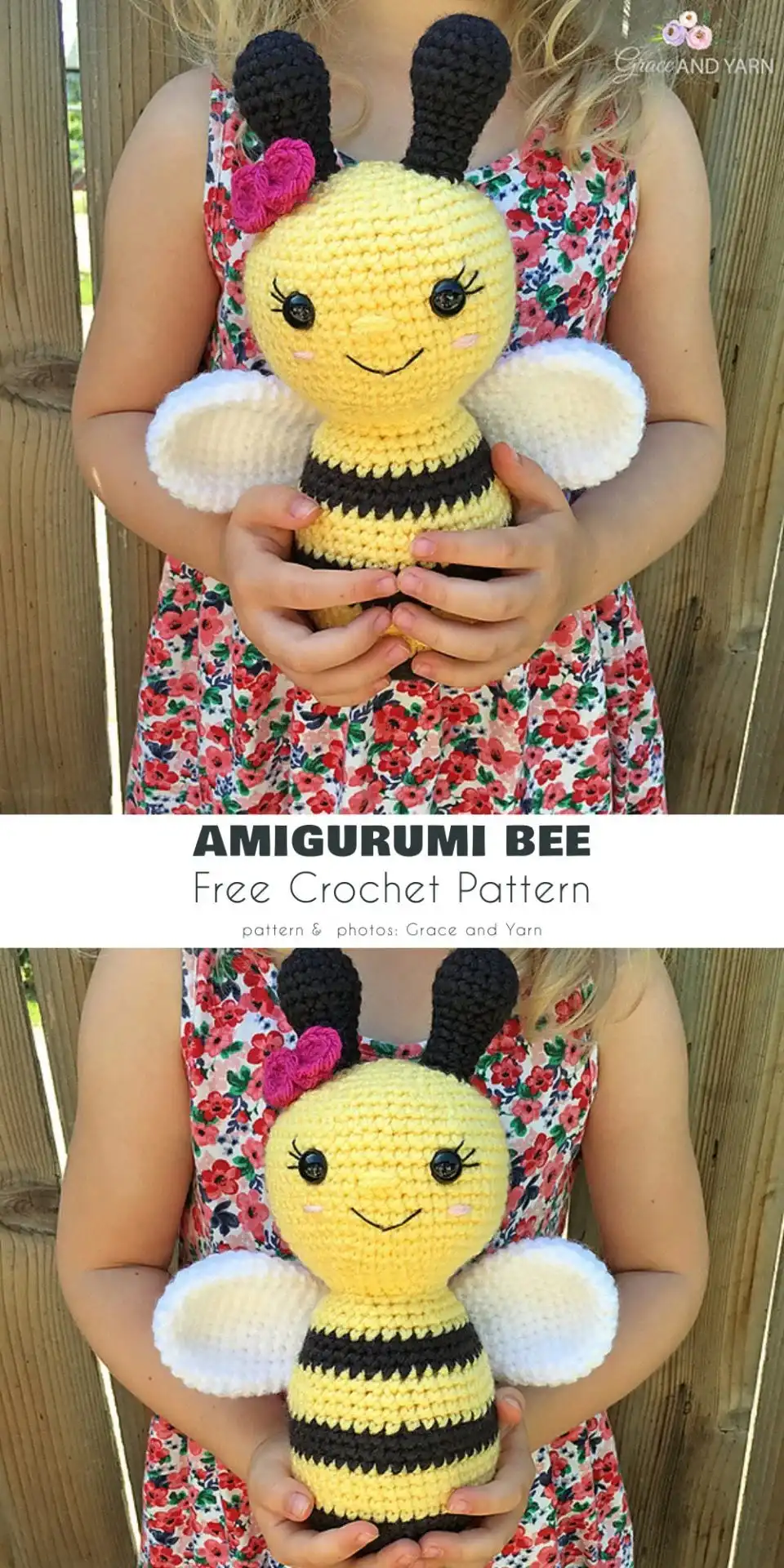 A close-up of a classic, tall Amigurumi Bee with yellow and black stripes and small white wings, showcasing its simple yet charming design.