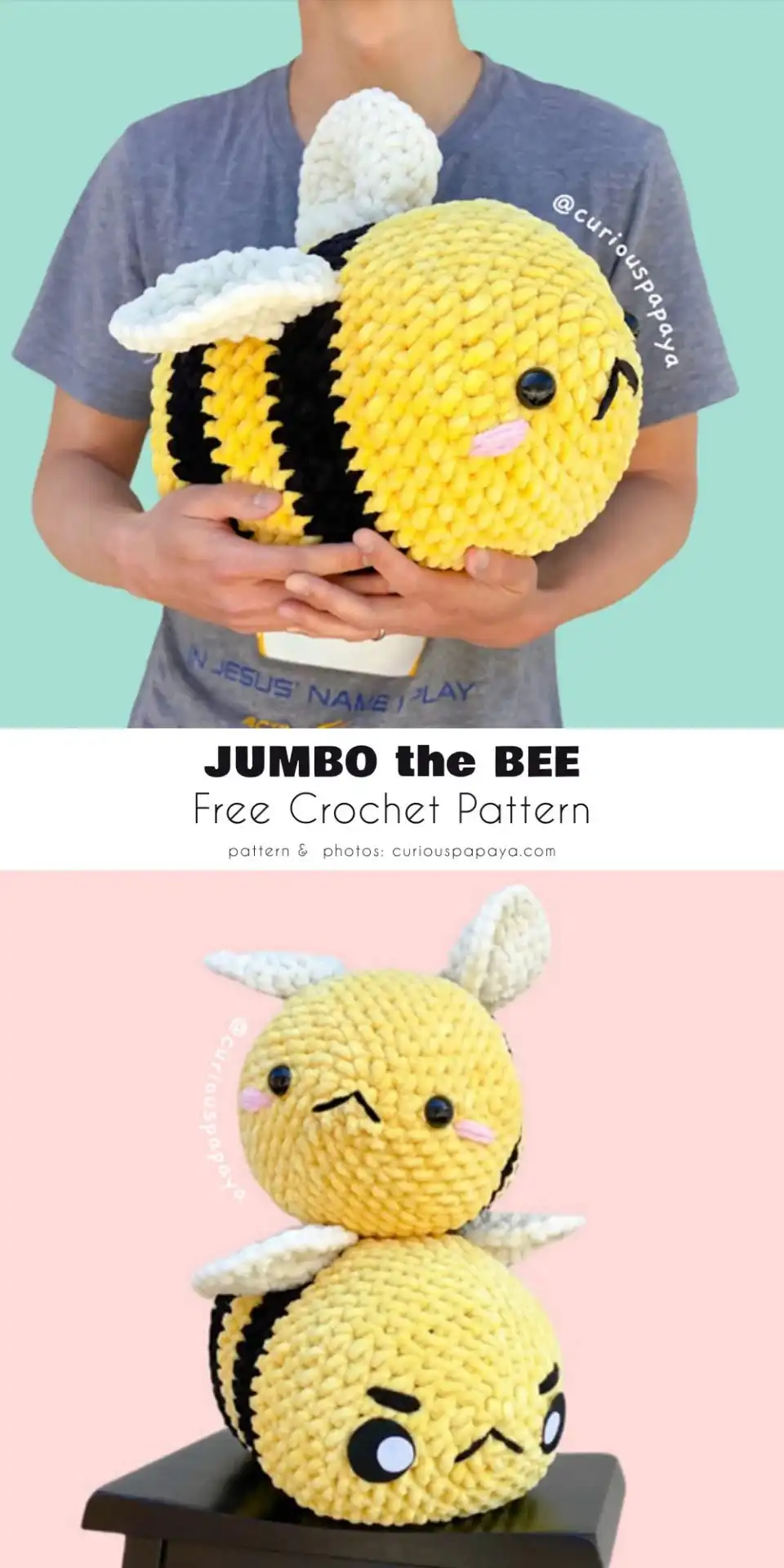 A large, plush Jumbo the Bee amigurumi showcasing its impressive size and soft texture, crocheted in vibrant yellow and black stripes.
