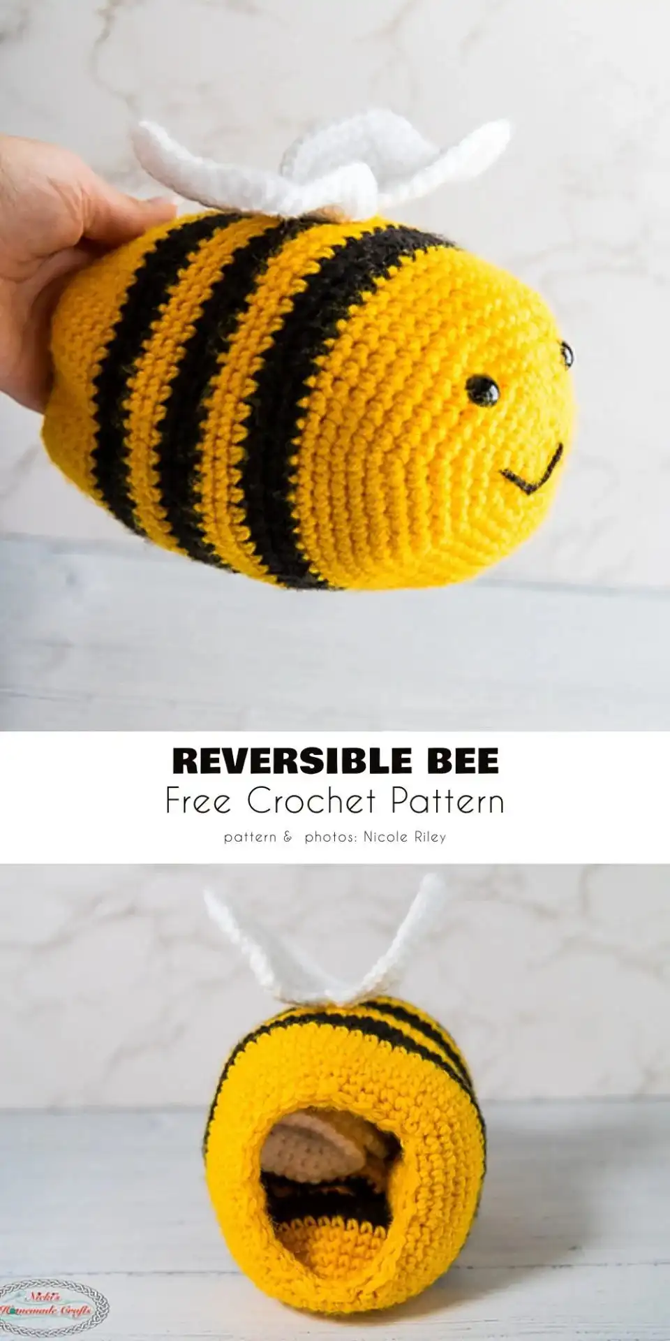 A reversible amigurumi bee displaying one of its two expressions, with yellow and black segments and tiny wings.