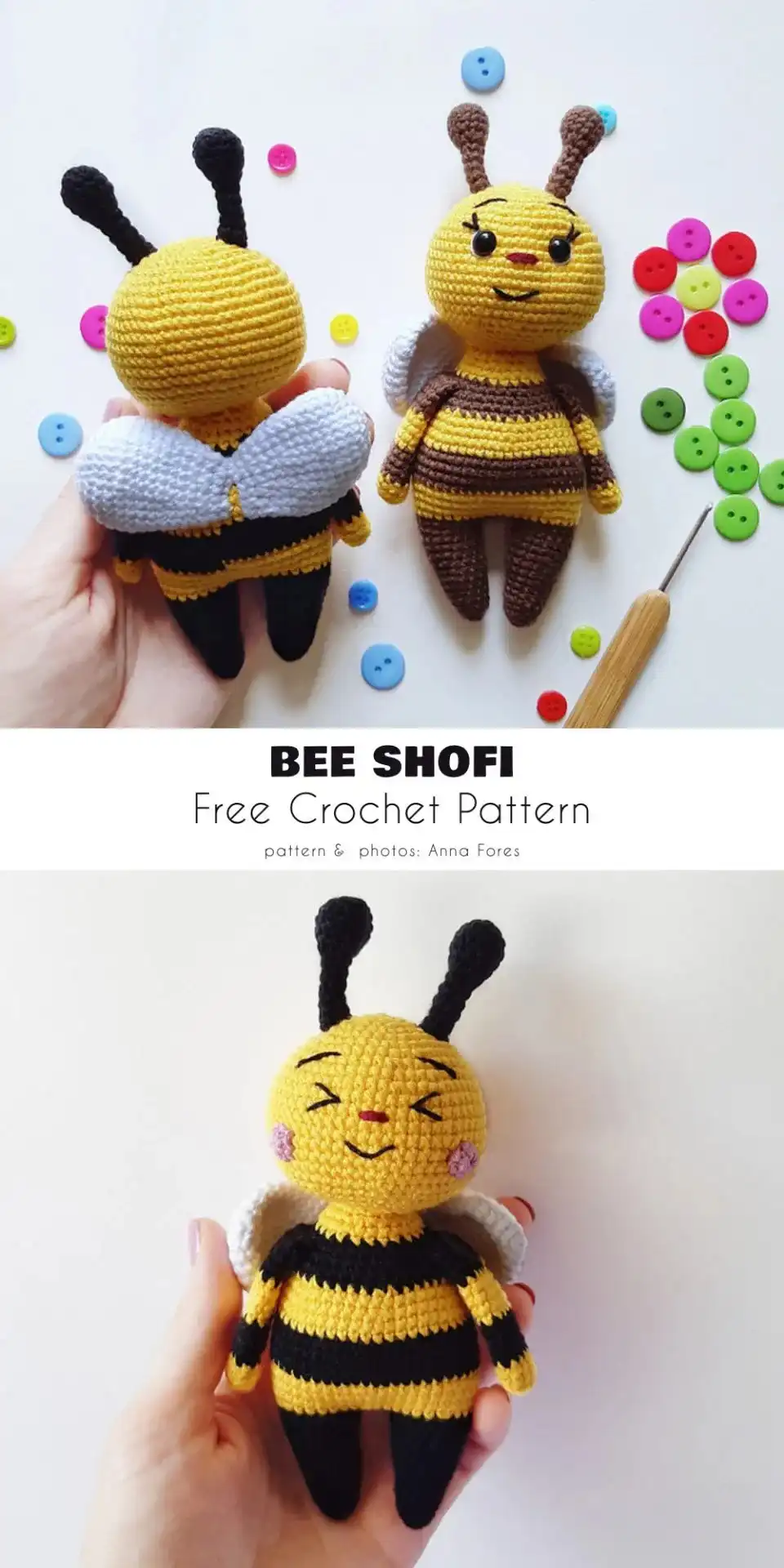 A unique Bee Shofi amigurumi with distinct body shaping and wing details, standing out from traditional bee designs.