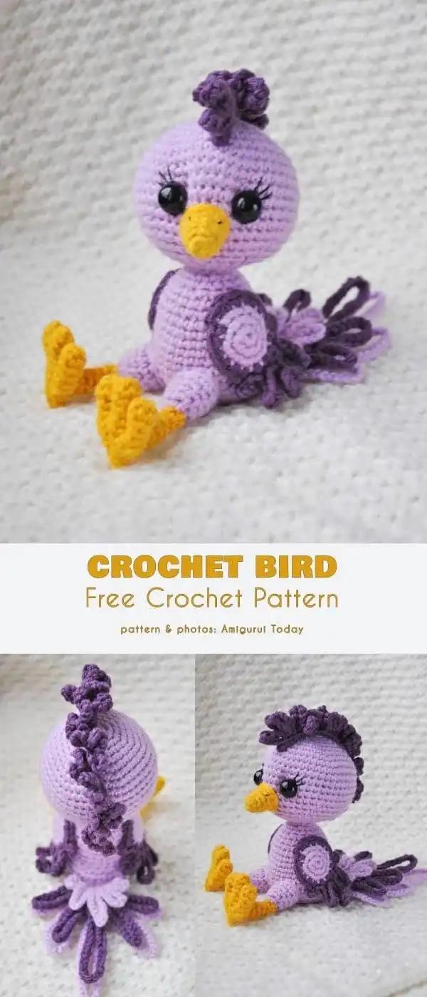 A small, simple crocheted bird amigurumi in a light color, showcasing a basic yet endearing design.