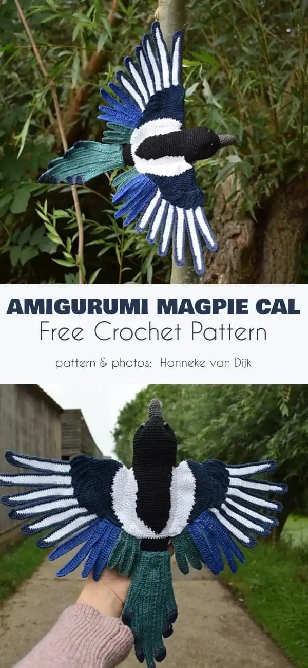 A striking amigurumi magpie with detailed black and white plumage and intelligent eyes.