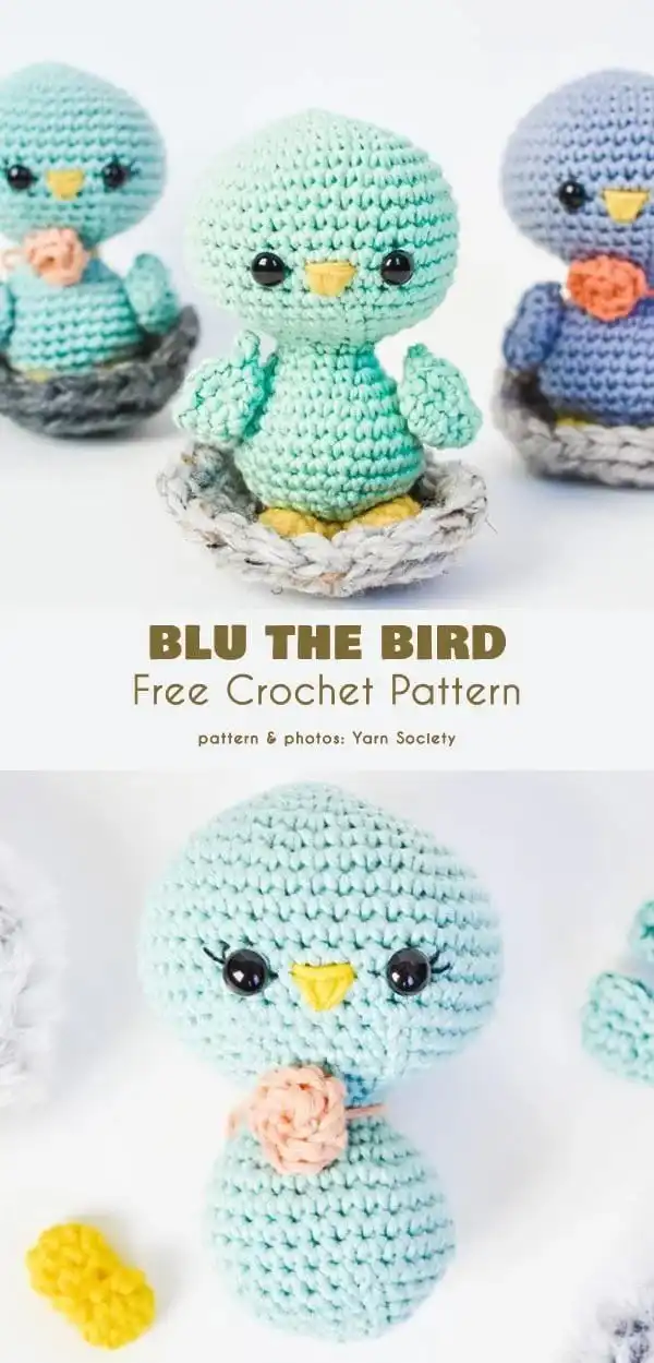 A bright blue crocheted bird amigurumi with an orange beak, possibly part of a bird family or nest.