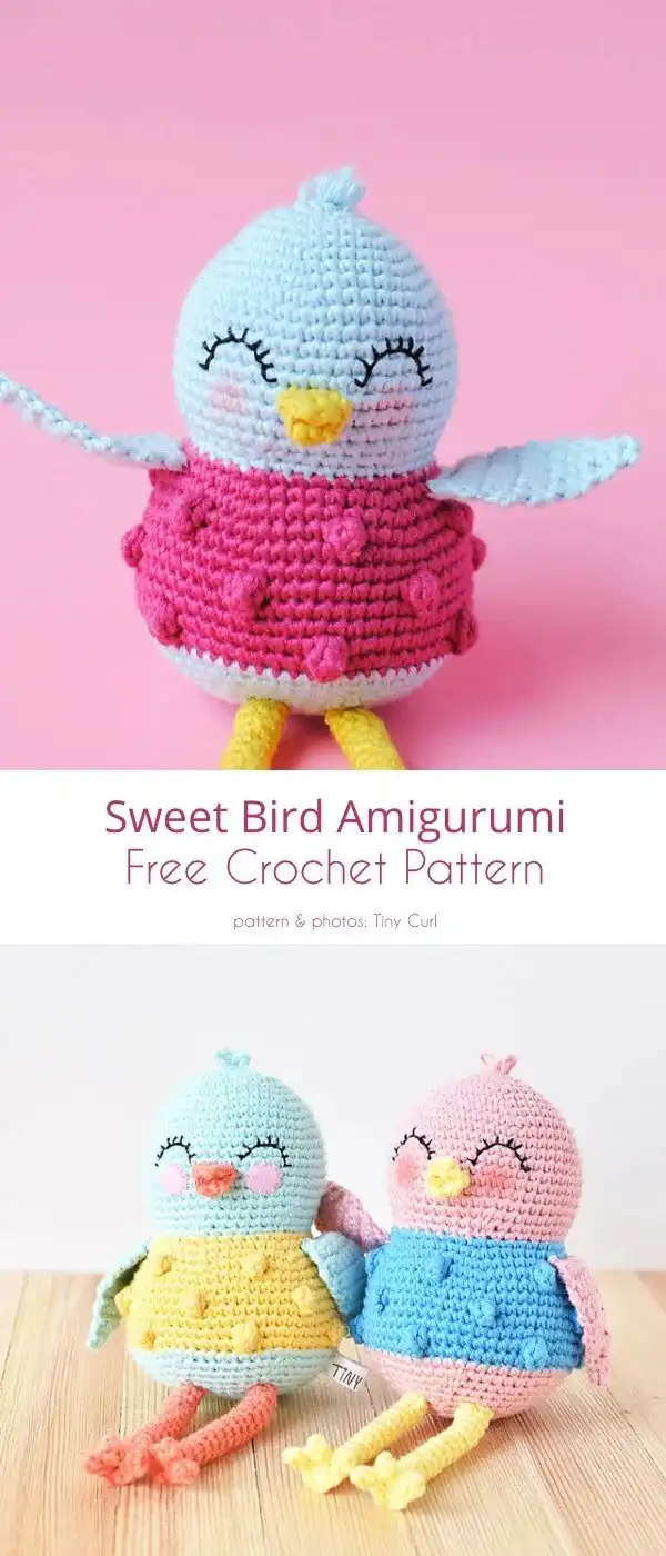 Two sweet amigurumi birds with pink bobble-stitch bodies, blue heads, and yellow beaks, sitting side by side.