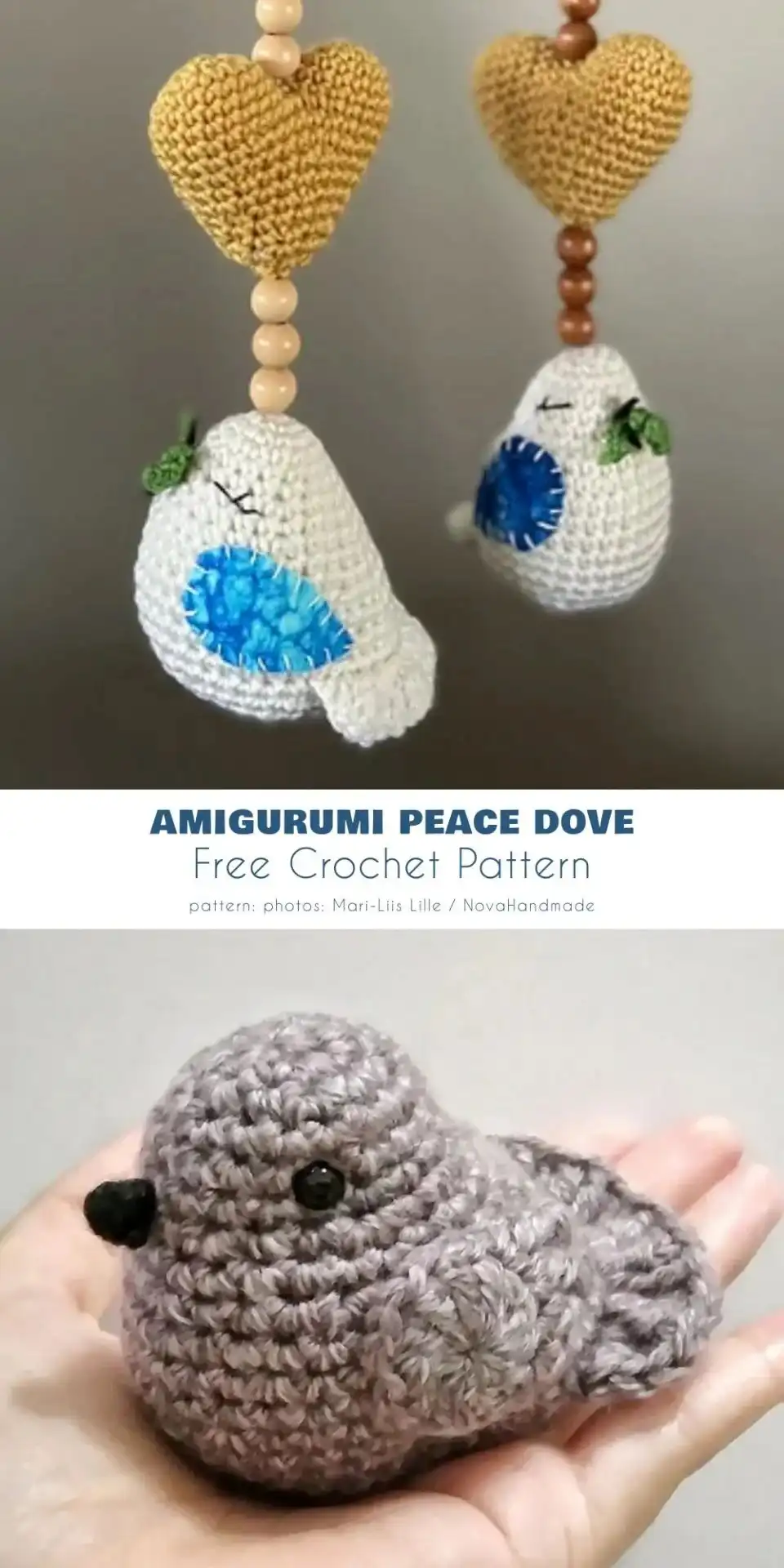 A pristine white crocheted amigurumi peace dove with simple, elegant lines.
