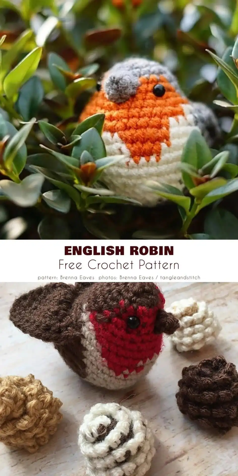A detailed amigurumi English robin with its characteristic red breast and brown back.