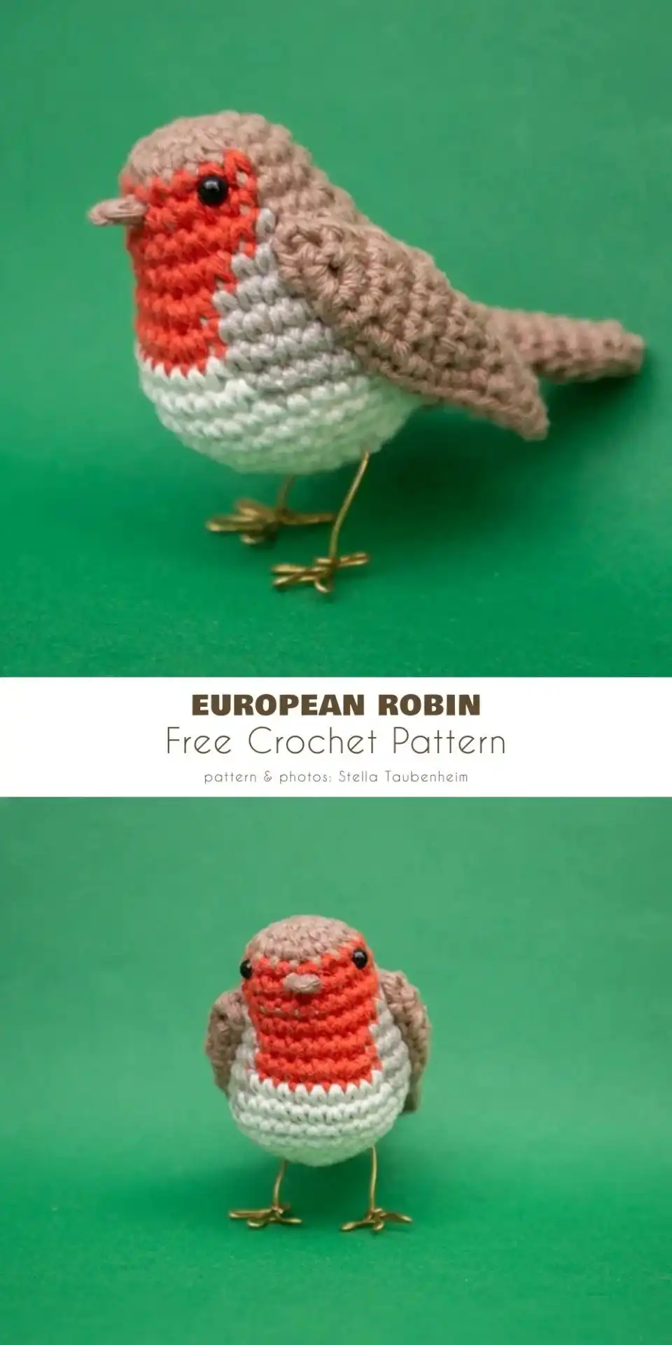 A realistic amigurumi European robin perched on a branch, featuring its rust-colored breast.