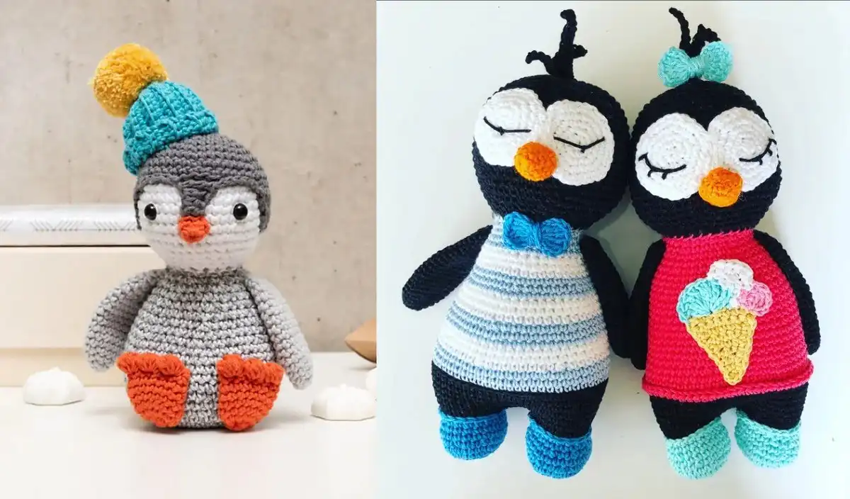 Amigurumi Penguin Free Crochet Patterns 1 A collection of various cute amigurumi penguins crafted with different crochet patterns and yarn colors.
