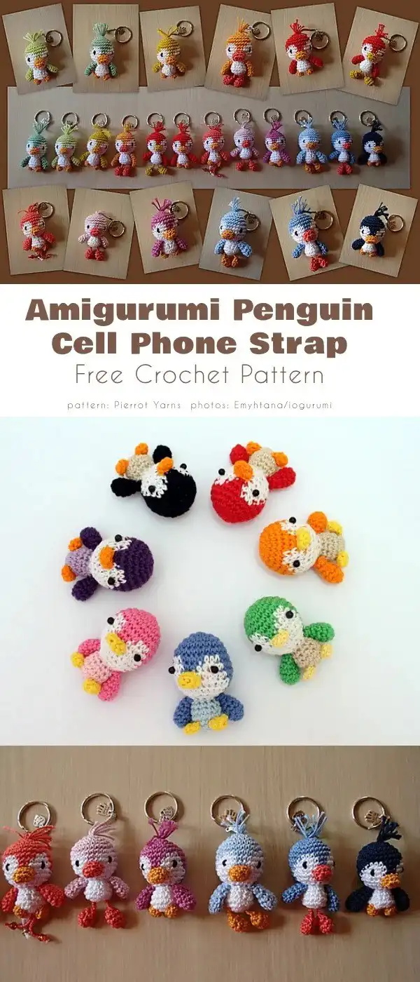 Amigurumi Penguin Free Crochet Patterns 2 Detailed view of an Amigurumi Penguin Cell Phone Strap crocheted in classic black and white with a small hook.