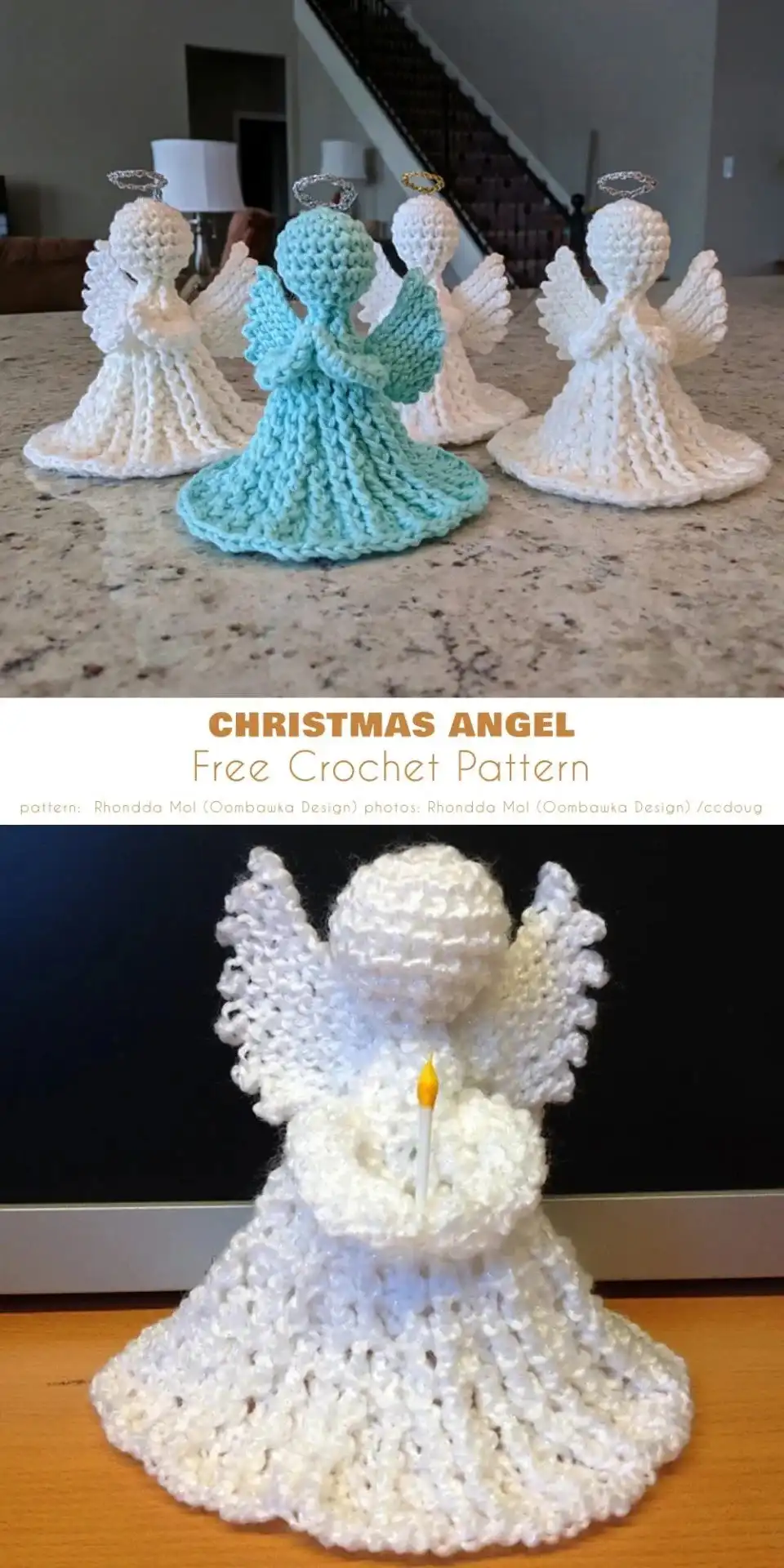 Close-up of a beautifully crocheted angel Christmas ornament with intricate details and flowing gown.