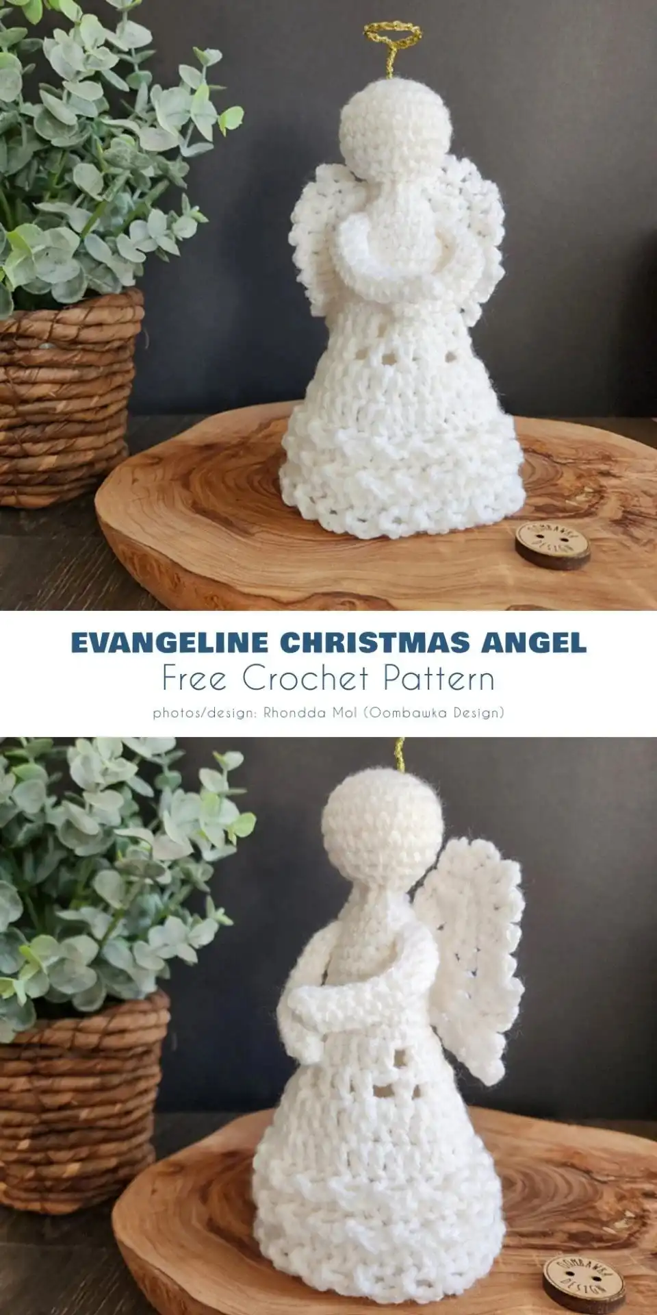 Modern geometric angel crochet ornament in a clean, minimalist design, possibly in a metallic color.