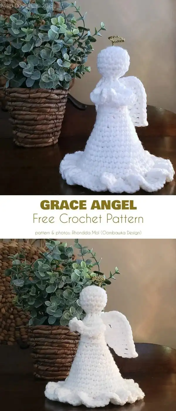 Cute amigurumi guardian angel crochet ornament with a sweet expression, ideal for children.