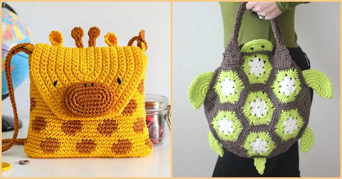 Animal-Themed Bag Purse, Free Crochet Patterns 1 Collection of various crochet animal-themed bag purses with free patterns displayed on a rustic background.
