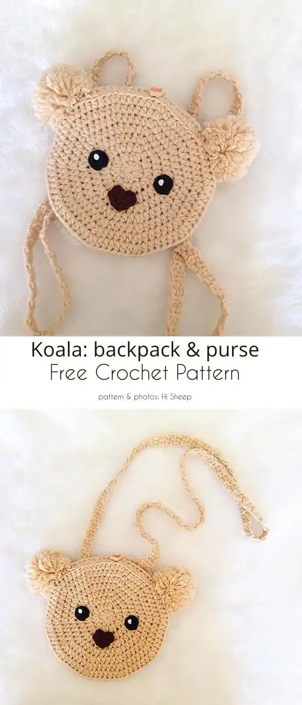 Animal-Themed Bag Purse, Free Crochet Patterns 3 Close-up of a crocheted sleepy bear bag with a small scarf detail, perfect for children.