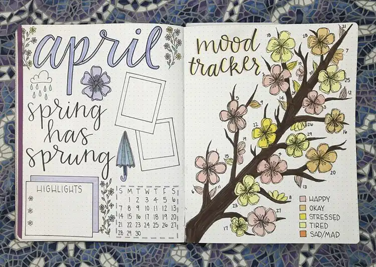 A 'Spring Has Sprung' April bullet journal spread, perfect for the month, with a complementary mood tracker.