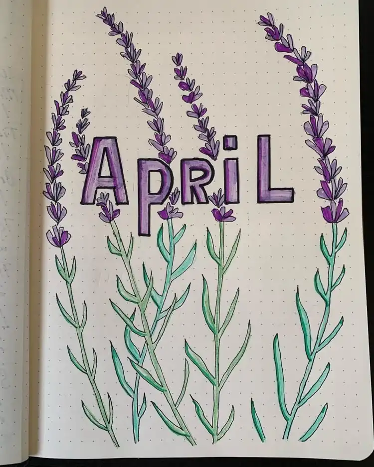 An April bullet journal cover page adorned with beautiful purple flowers, fitting for the spring month.