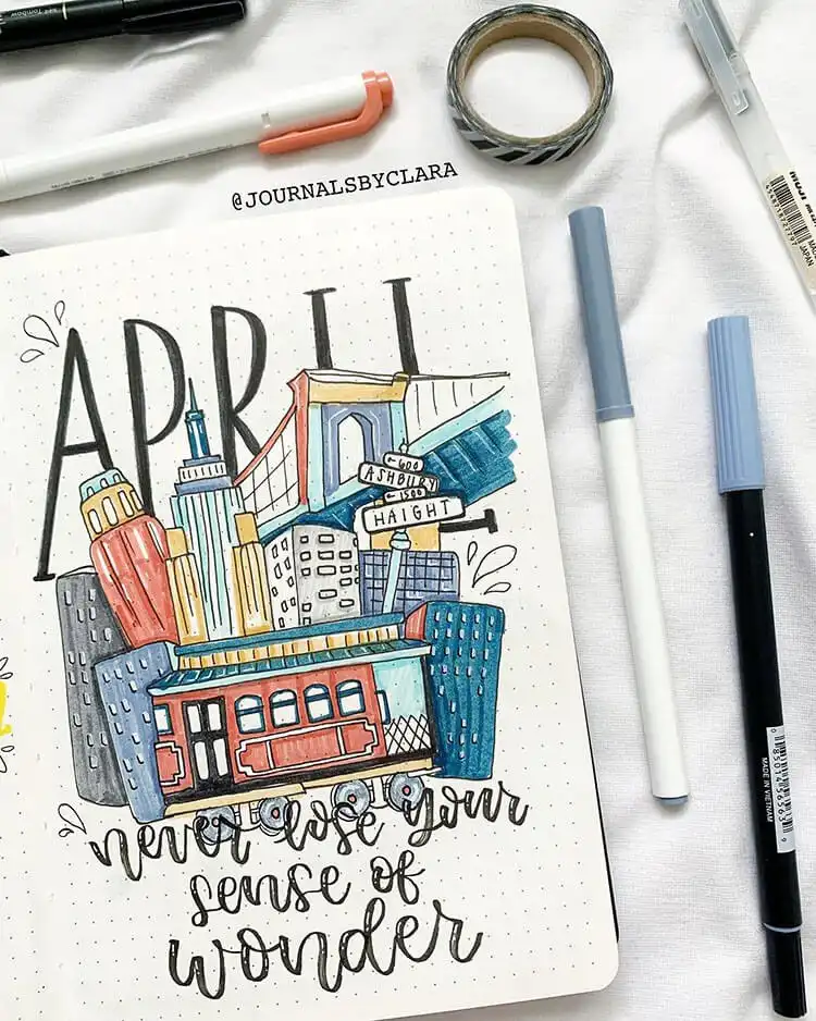 An April bullet journal cover page detailing buildings and bridges with thoughtful color choices and a quote.