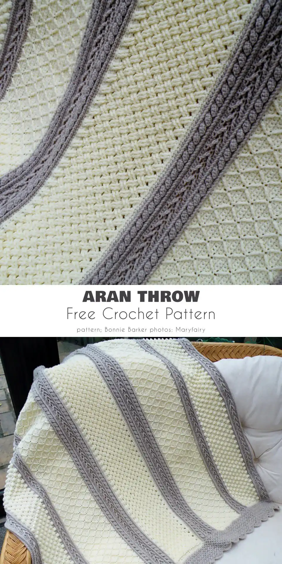 Elegant Two-Tone Aran Throw Free Crochet Pattern combining cream and beige yarns with varied stitch patterns