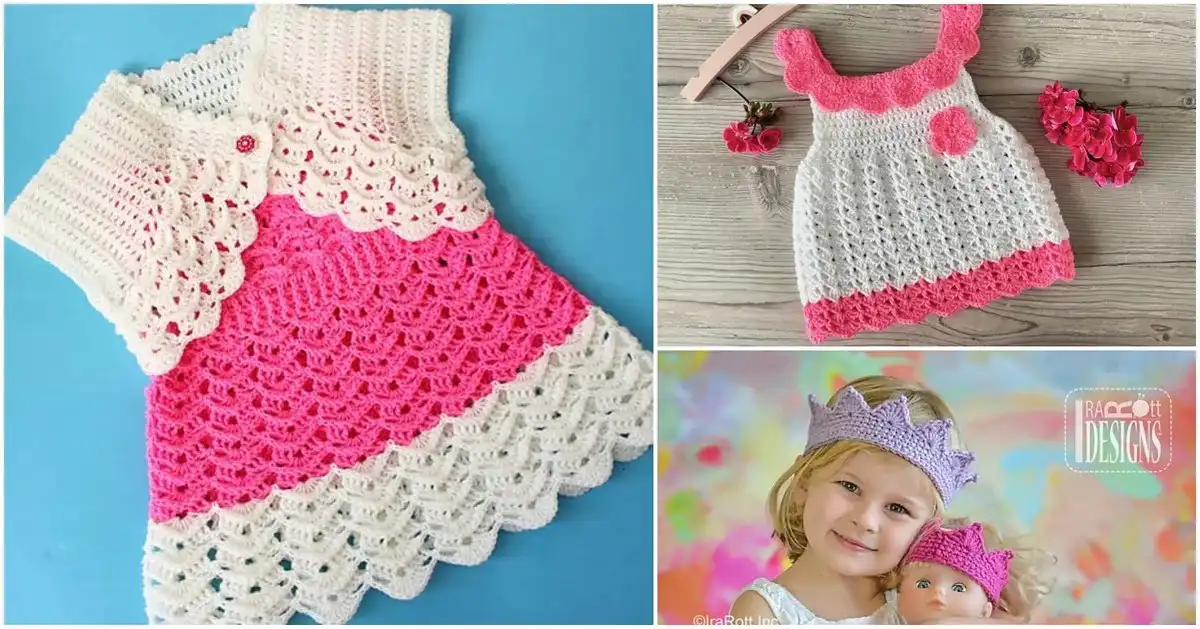 Baby Princess Dress Free Crochet Patterns 1 A beautiful baby girl wearing a handcrafted white crochet princess dress with a floral headband, showcasing intricate details and soft textures, perfect for Baby Princess Dress Free Crochet Patterns.
