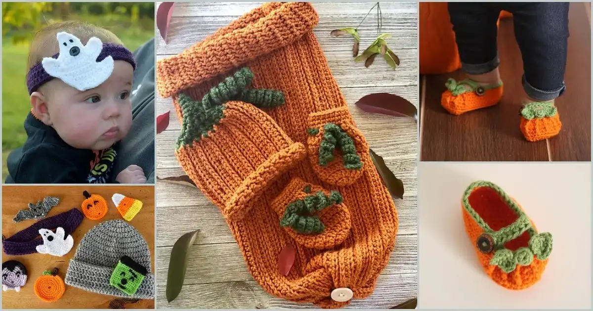 A collection of cozy crochet items for fall, featuring pumpkin-themed baby accessories, showcasing Baby Ready for Autumn, Free Crochet Patterns.
