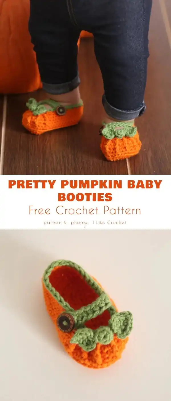 Close-up of cute, orange crochet pumpkin baby booties with green stems, detailed for Baby Ready for Autumn, Free Crochet Patterns.