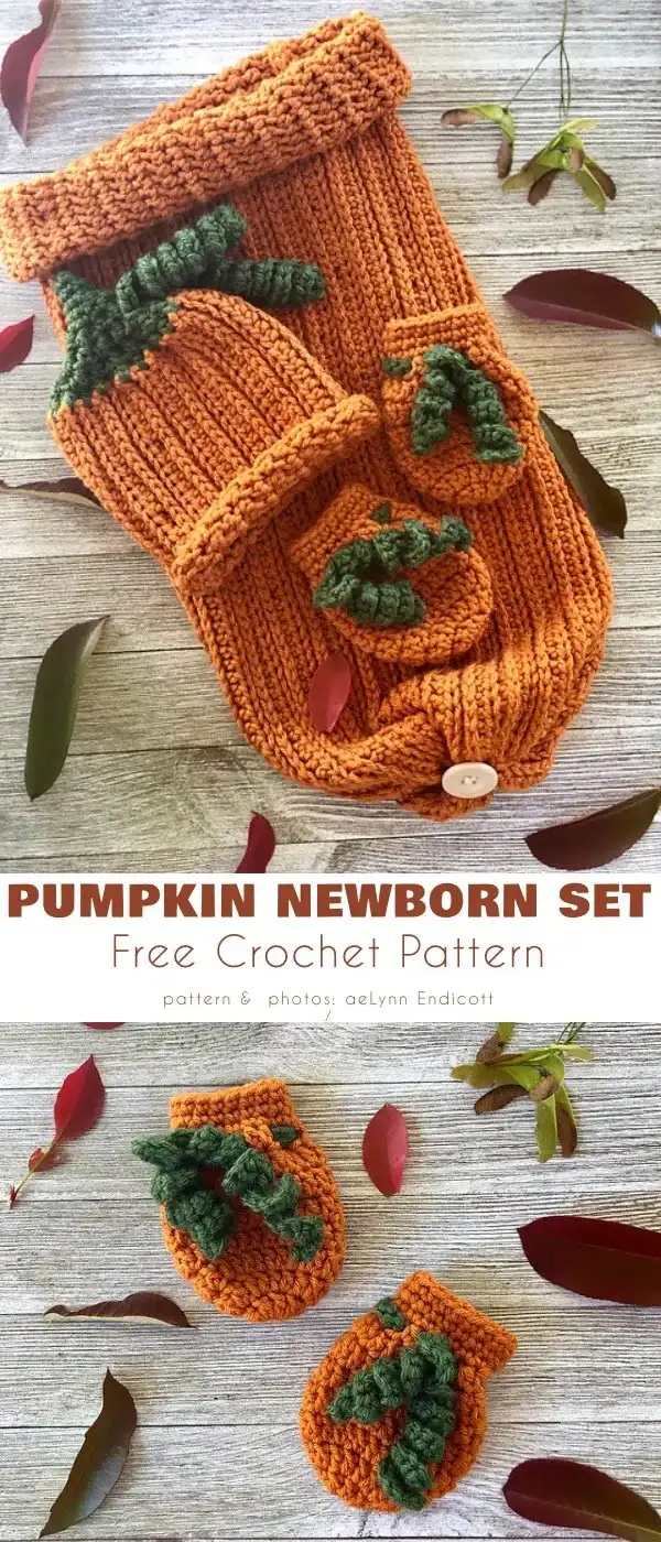 Full view of a crochet pumpkin newborn set, including a hat and diaper cover, perfect for fall styling and Baby Ready for Autumn, Free Crochet Patterns.