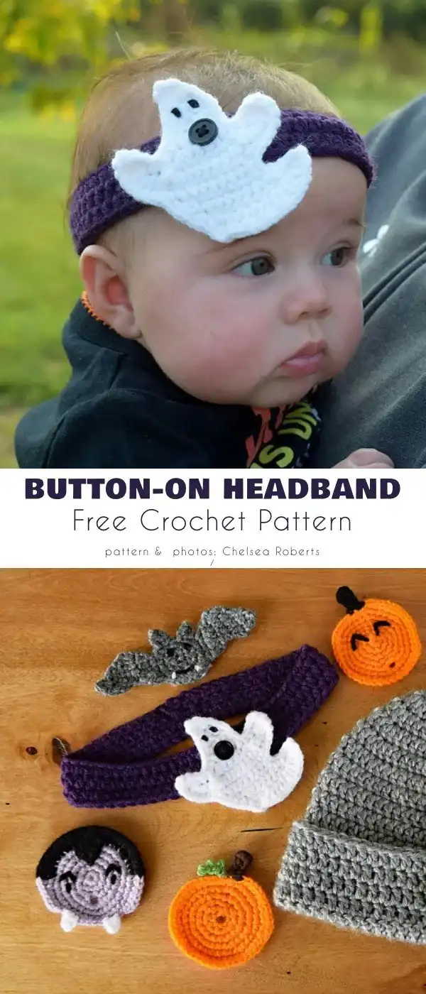 Detailed image of a versatile crochet headband with interchangeable autumn-themed appliques, highlighting Baby Ready for Autumn, Free Crochet Patterns.