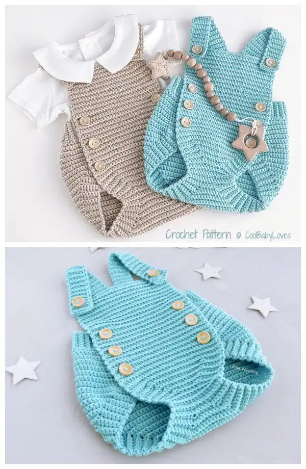 Sweet baby sunsuit romper in light blue with white trim, perfect for summer, from Baby Romper Free Crochet Patterns & Paid - DIY Magazine