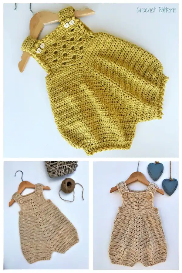 Variety of Baby Rompers displayed, showcasing different styles and colors available in one pattern set, from Baby Romper Free Crochet Patterns & Paid - DIY Magazine