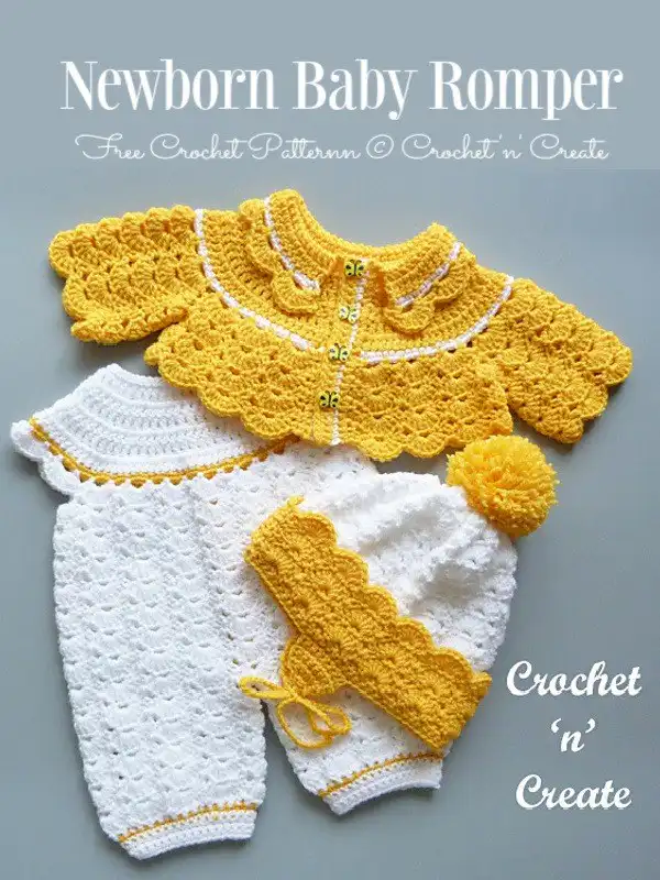 Complete Newborn Baby Romper Outfit in white, including a matching hat, perfect for new arrivals, from Baby Romper Free Crochet Patterns & Paid - DIY Magazine