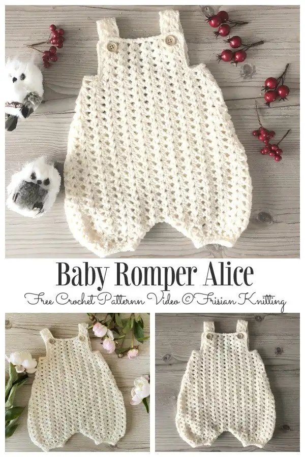 Elegant white Baby Romper Alice with delicate details and lace texture, ideal for special occasions, from Baby Romper Free Crochet Patterns & Paid - DIY Magazine