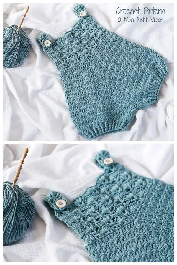 Cozy Gemma Romper in a muted green, featuring practical buttons and a simple, classic design, from Baby Romper Free Crochet Patterns & Paid - DIY Magazine