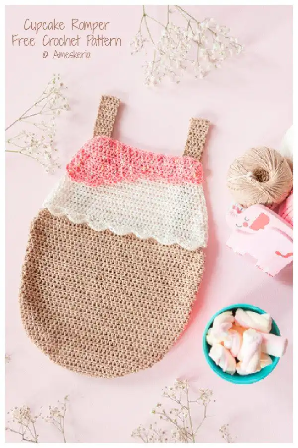 Playful Cupcake Romper in pink with ruffled edges and sweet details for a charming look, from Baby Romper Free Crochet Patterns & Paid - DIY Magazine